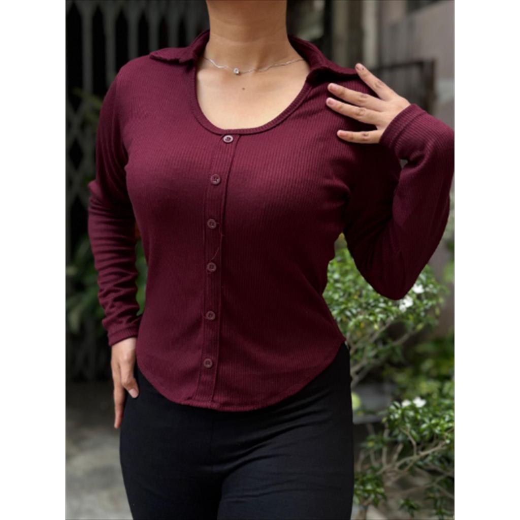 ELDA LABEL | Rib Top Kancing 6 Atasan Wanita Lengan Panjang berkancing