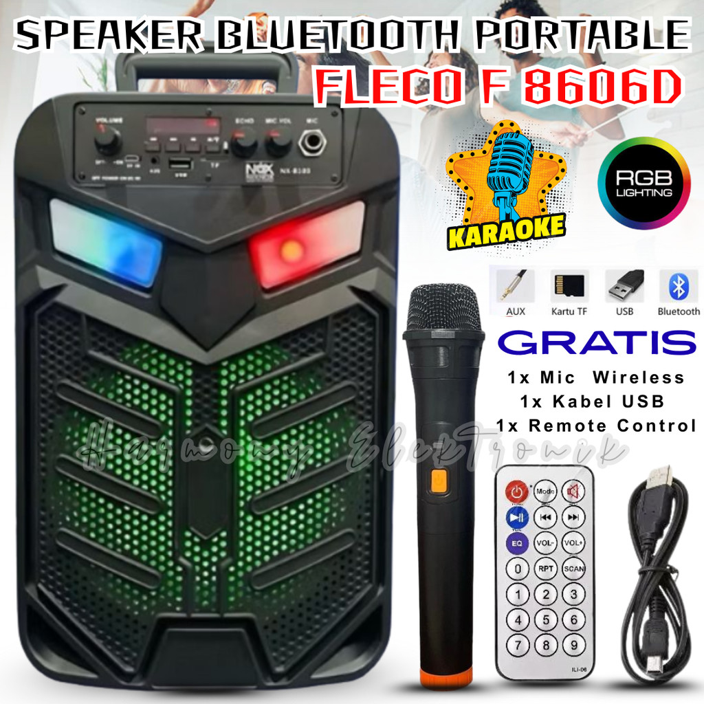 UKURAN BESAR Speaker Bluetooth Portable Fleco F-8606d Speaker 8,5" Speaker Bluetooth Karaoke Free Mi