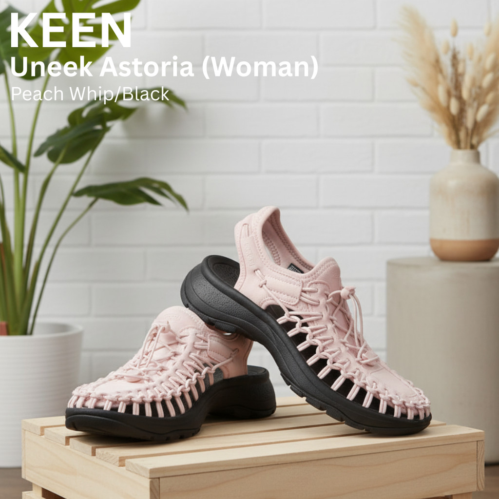 KEEN Uneek Astoria Women Peach Whip/Black Sandals – Sandal Kasual Outdoor Anyaman