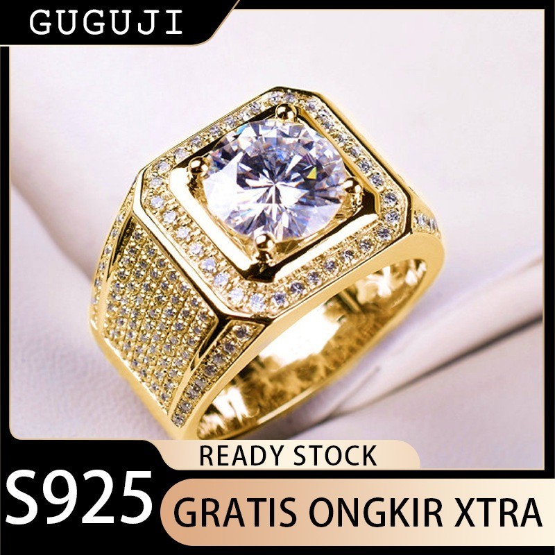 GUGUJI Cincin Emas Pria Penuh Berlian Mengkilap yang Dominan, Cincin Pertunangan Pernikahan dengan K