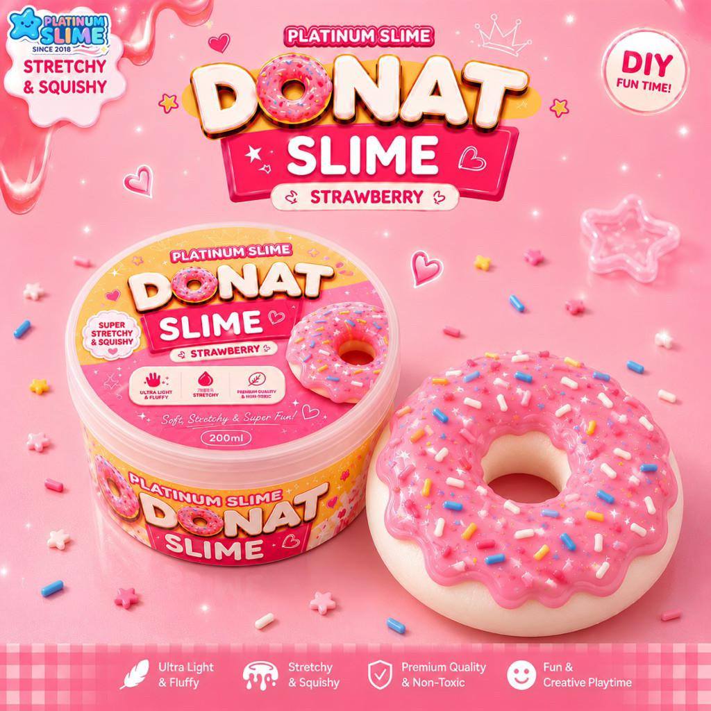Platinum Slime Donat Slime DIY Kit Strawberry 200ml | Slay Slime + Clay Slime + Sprinkles | Super St