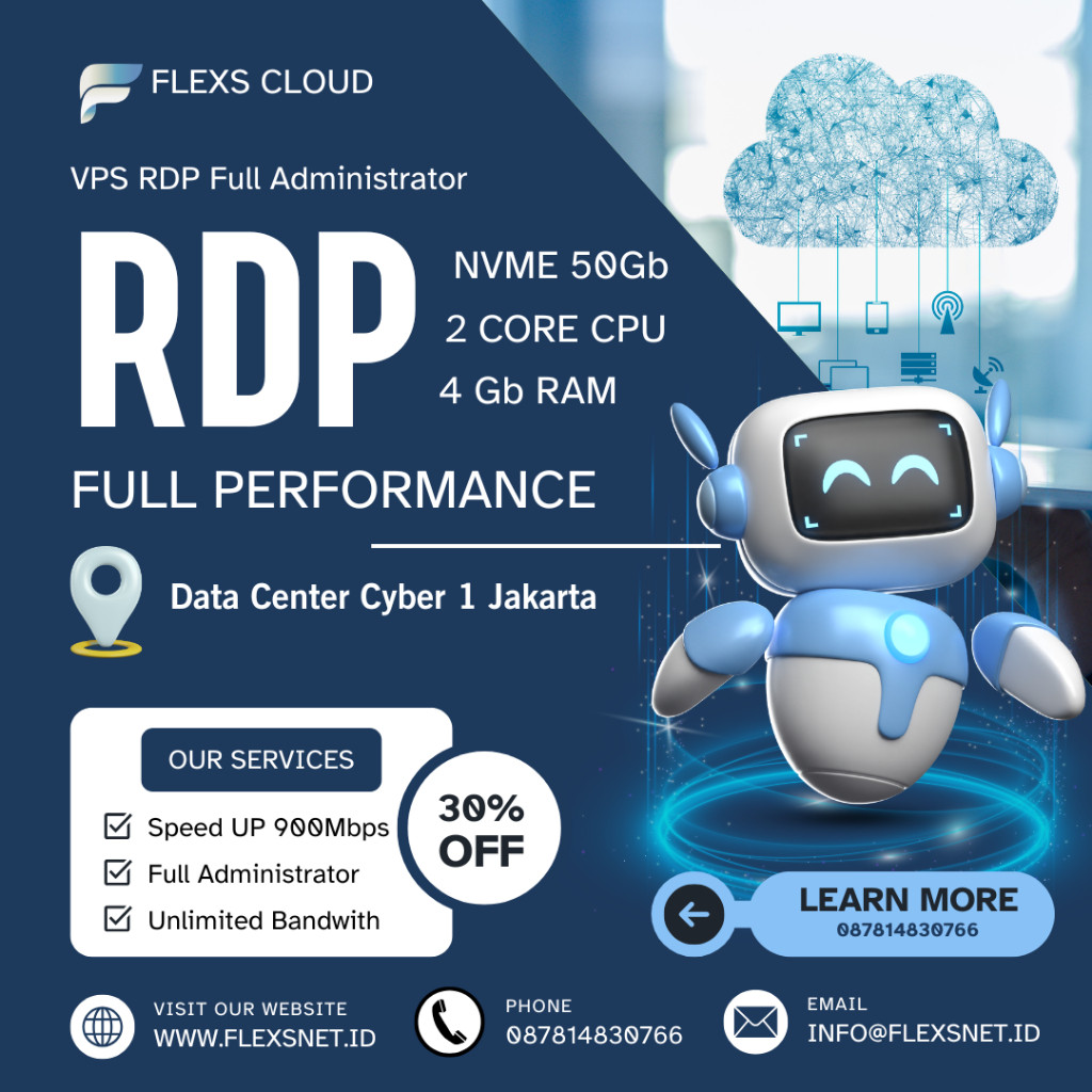RDP VPS 1 Bulan / FULL ADMINISTRATOR / 50Gb NVME / 2 Core CPU / 4Gb RAM / Speed 1Gb UP