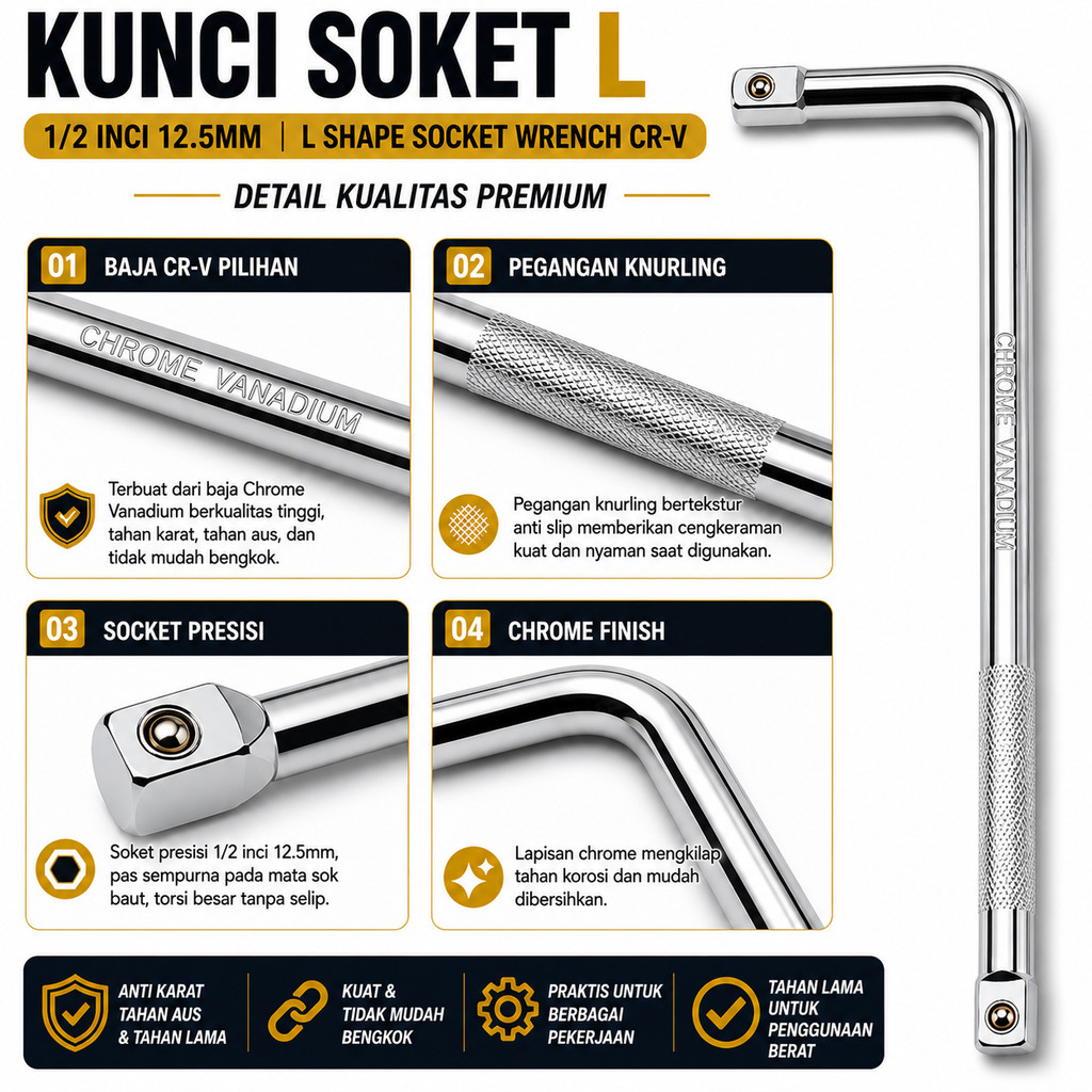 Kunci Soket L 1/2 BR458 Shape Socket Kunci CR-V L 250mm Shock 12.5mm Wrench Gagang Inci
