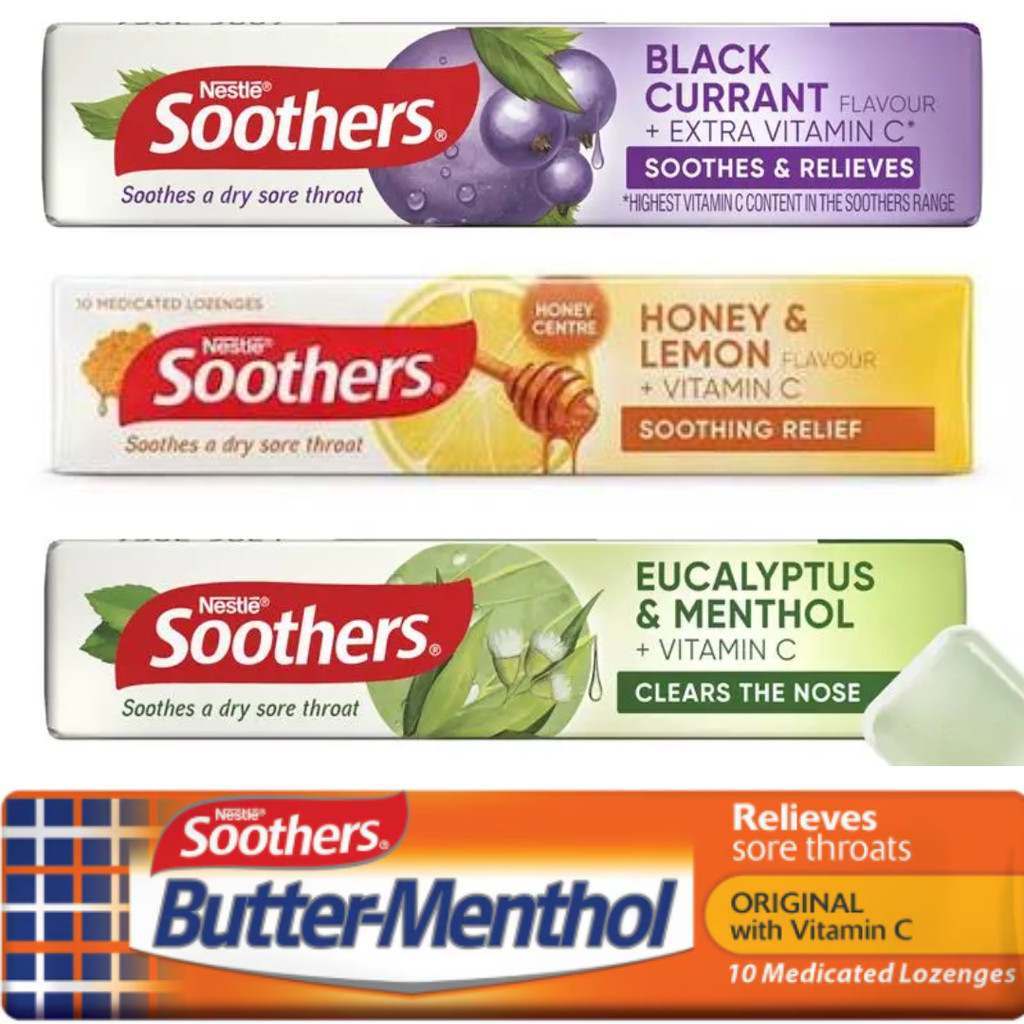 Soothers Lozenges Eucalyptus Honey Lemon Blackcurrant Butter Menthol permen pelega tenggorokan batuk
