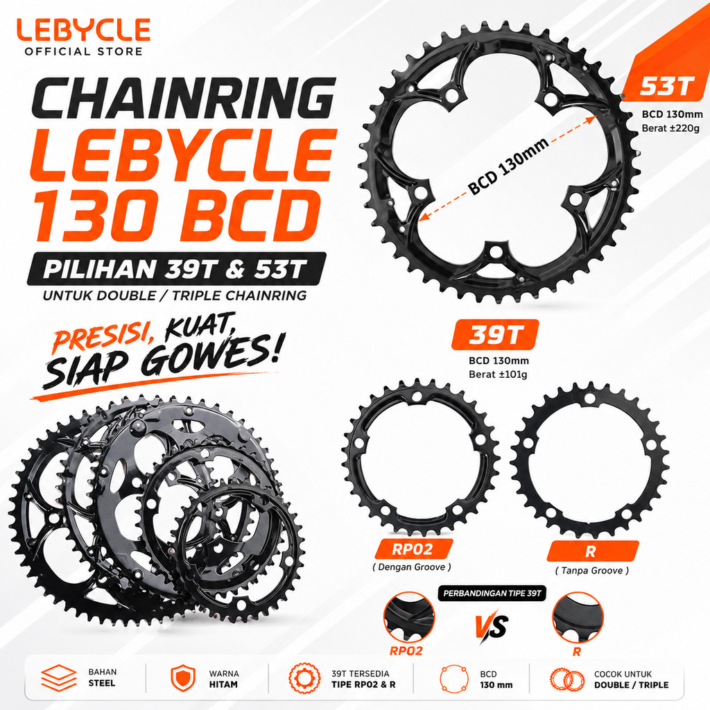 Chainring Lebycle Double Triple 130 50T 53T BCD 39T Non Narrow Wide Chainring 130 Steel