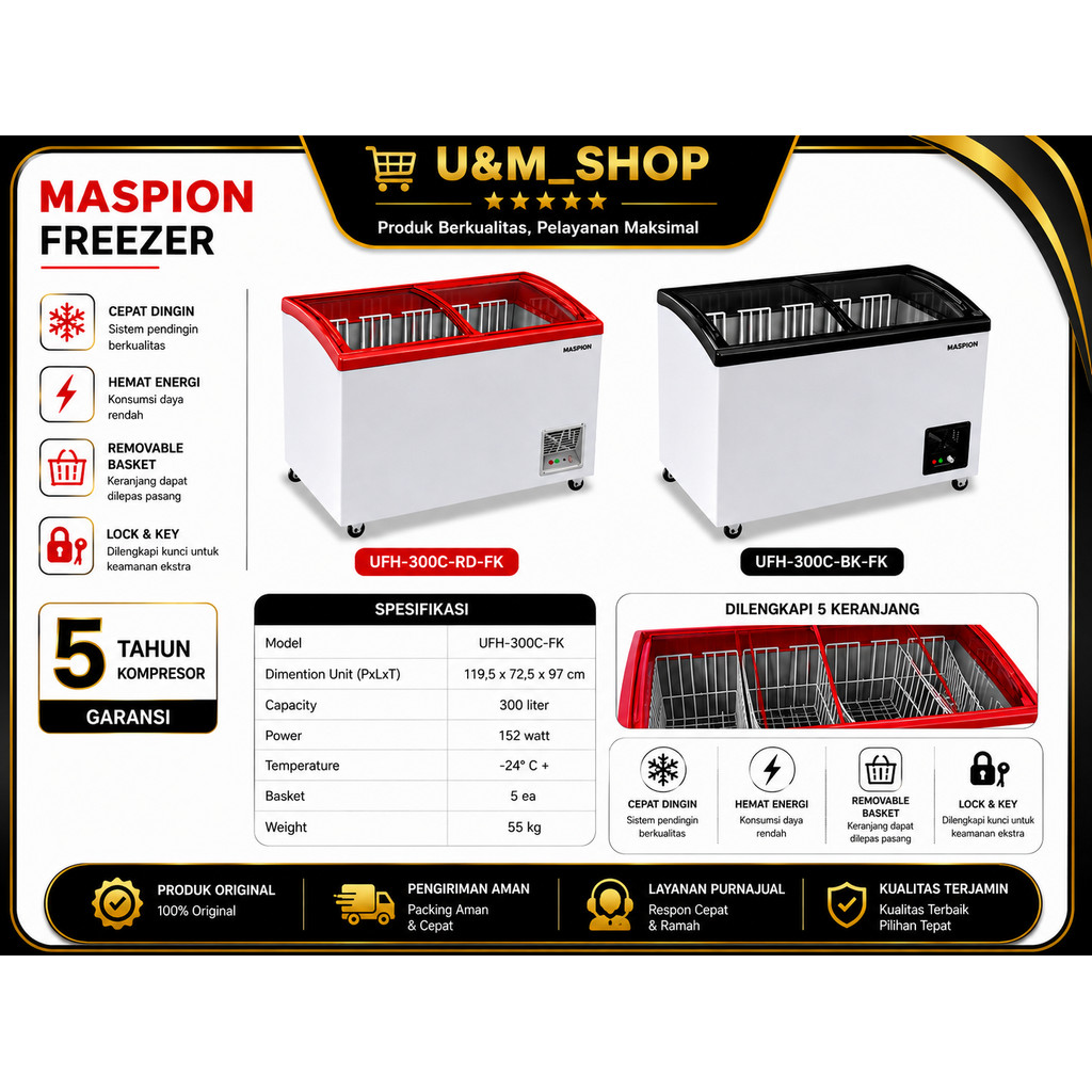 MASPION chest freezer UFH 300 C sliding door freezer 300 liter sliding freezer box 300 liter freezer