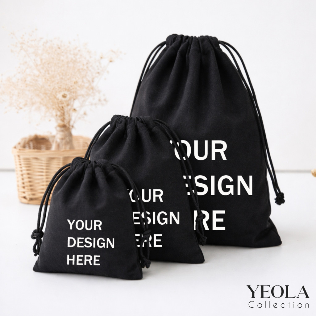 YEOLA POUCH SERUT KANVAS CUSTOM WARNA HITAM Berbagai Ukuran dan Tebal | Kantong Souvenir Organizer P