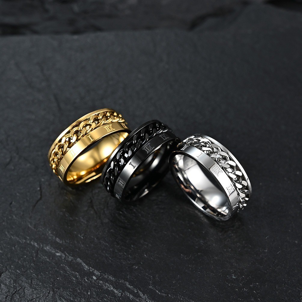 Cincin Galang Titanium Steel Anti Karat Rantai Rotating Chain Romawi Pria Unisex Keren Hitam Polos U