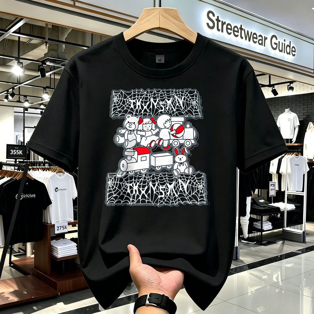 Kaos Distro Kaos Lengan Pendek Motif Boneka Kereta Api Spider Web Hitam Kaos Oversize American Style