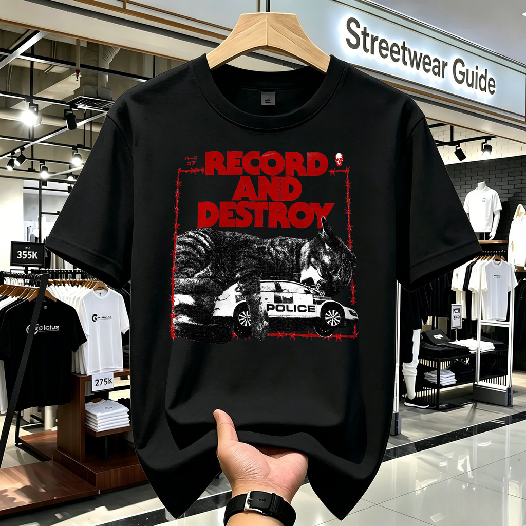 Kaos Band Record And Destroy Motif Hewan Dan Mobil Polisi, T-shirt Unisex Gaya American Style, Kaos 