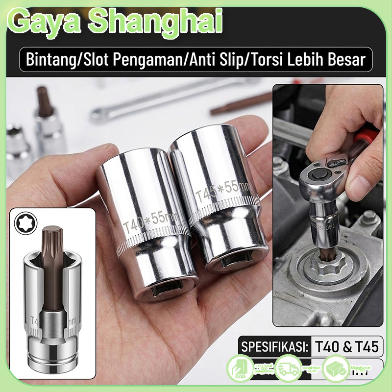 1/2 obeng segi enam internal berbentuk bunga plum berkapasitas besar T40, soket, putar 45mm, obeng 6