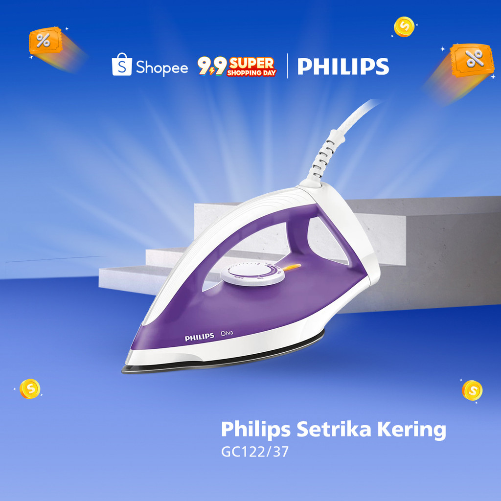Philips Setrika Kering Diva GC122/37 Ungu - Setrikaan promo murah, Tapak Strika Anti Lengket, Tahan 