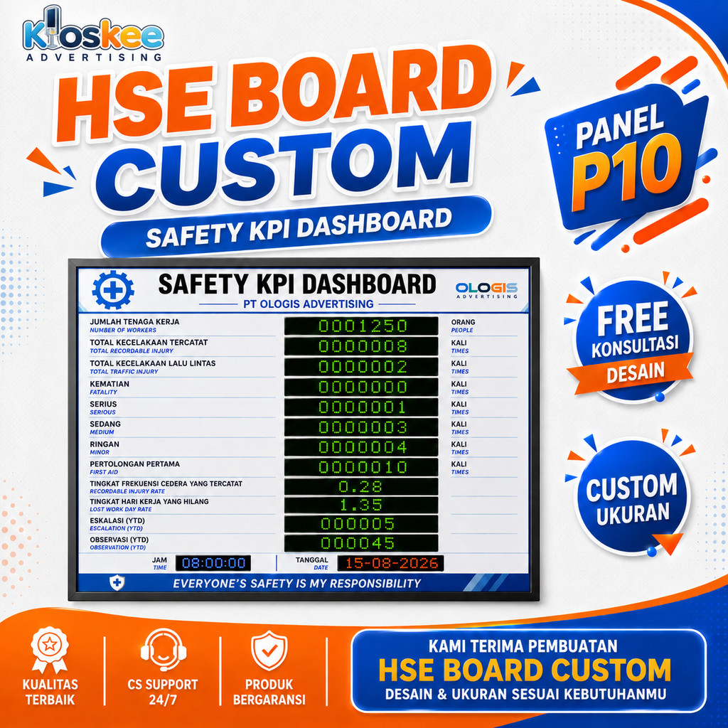(CUSTOM) Display LED P10 HSE Board Digital Papan Performance Informasi Kecelakaan Kerja K3 2M x 1M