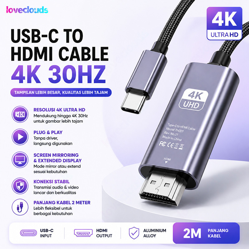 mws - Type C HDMI Cable USB C to HDMI 4K 30Hz Screen Mirroring Cable 2M for Laptop Phone TV Projecto