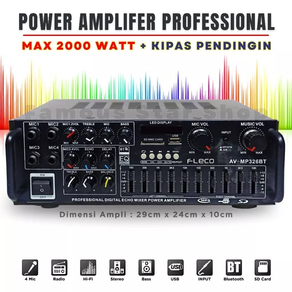 PROMO GRATIS ONGKIRAmplifier Bluetooth Fleco AV MP326BT//Ampli MP 326 BT 2000 watt + KIPAS PENDINGIN