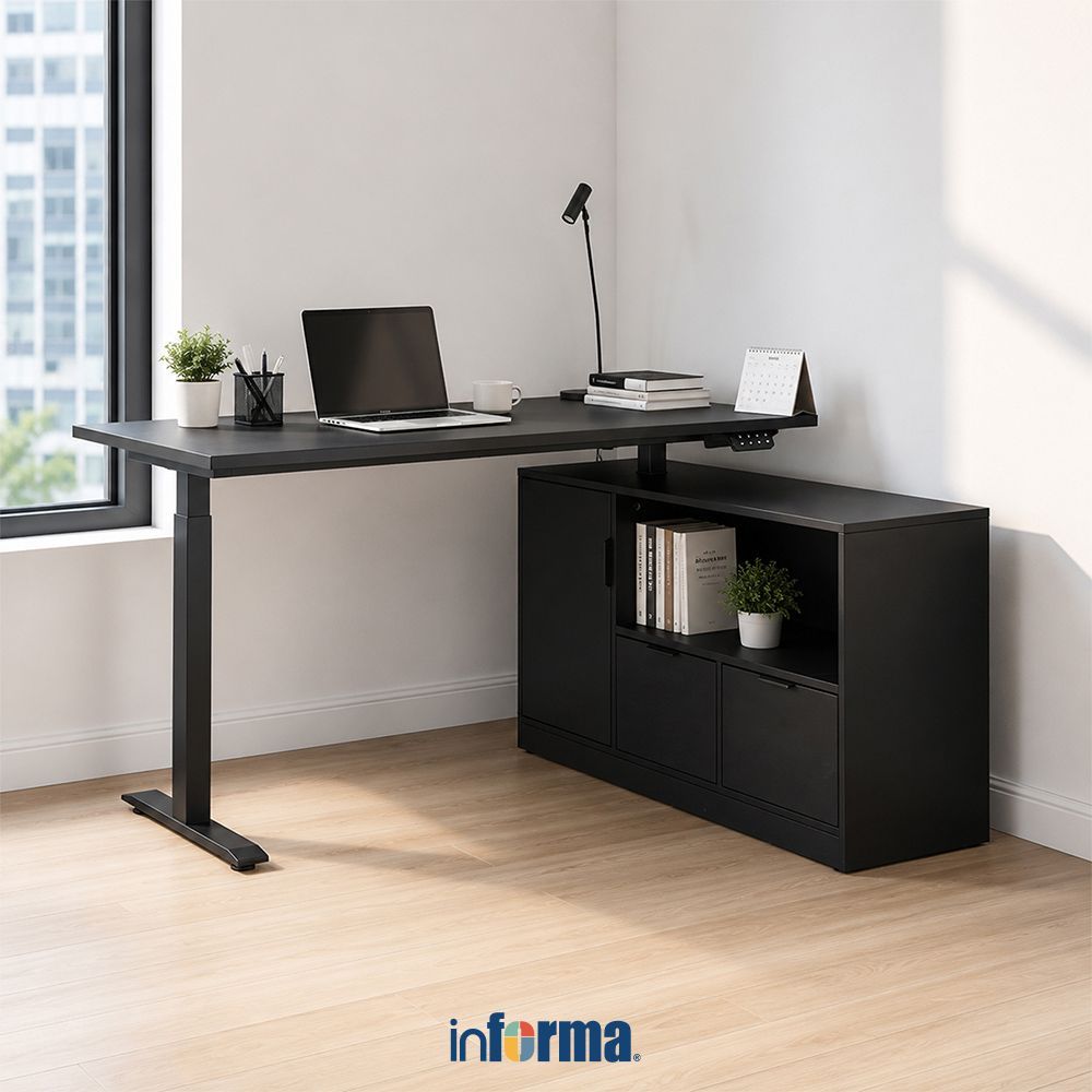 Informa Piezo Meja Kerja Adjustable Dengan Kabinet - Hitam Meja Kerja Office Desk Adjustable Standin
