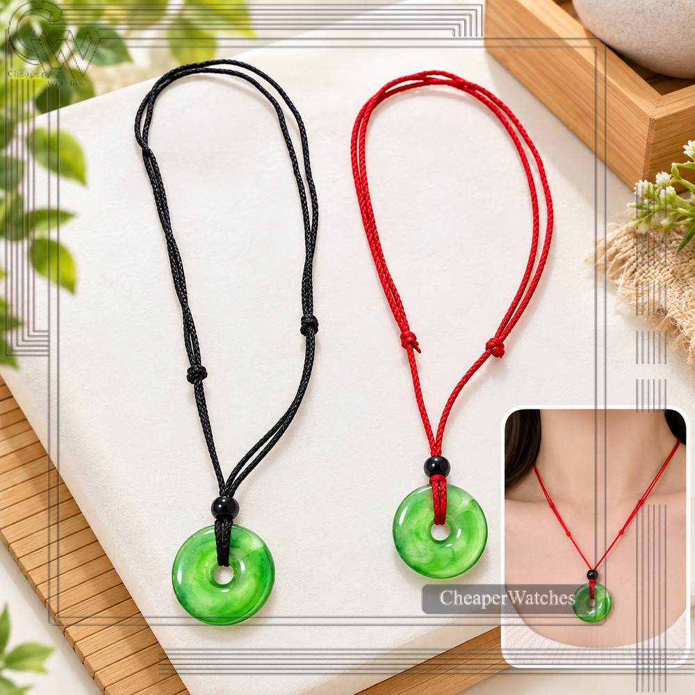 Kalung Giok Hijau Donat Kalung Tali Giok Tali Hitam dan Merah Tali  Adjustable Pria Wanita Unisex | 
