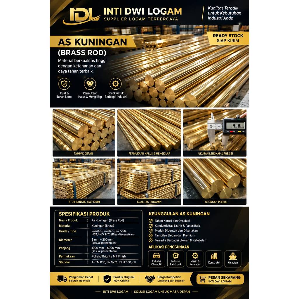 as kuningan 22 mm x 100 mm - as kuningan bulat