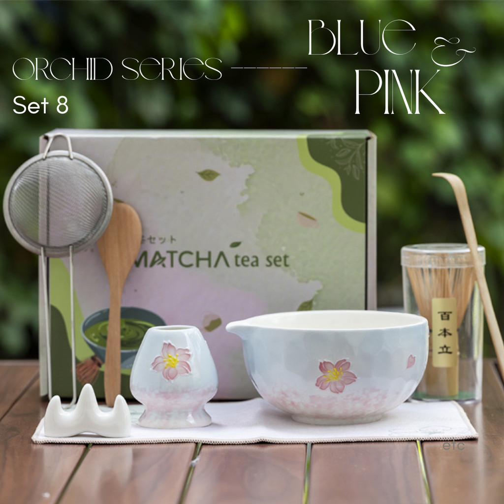 PREMIUM Matcha Tea Set Jepang 8 in 1 Lengkap Orchid Hand-Painted Series Chawan Motif Bunga 3 Warna
