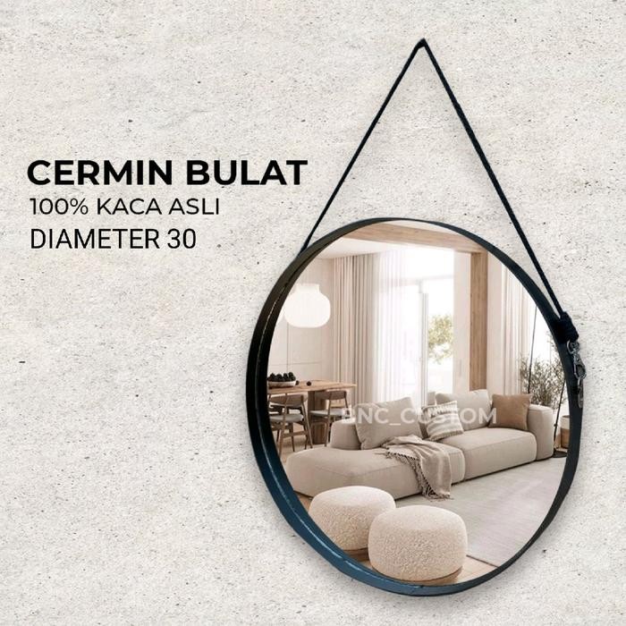 Cermin Bulat Aesthetic / Cermin dinding/ Cermin bulat diameter 30cm PVCHarga Murah Kaca - HITAM TALI