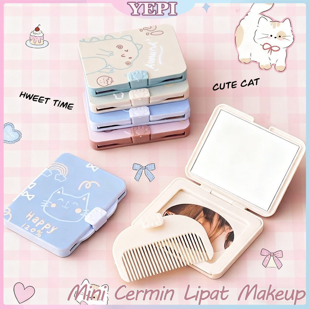 Ready-Cermin Rias Lipat Kartun Lucu/Cermin Rias Mini Dengan Sisir/Cermin Rias Portabel Multifungsi/C