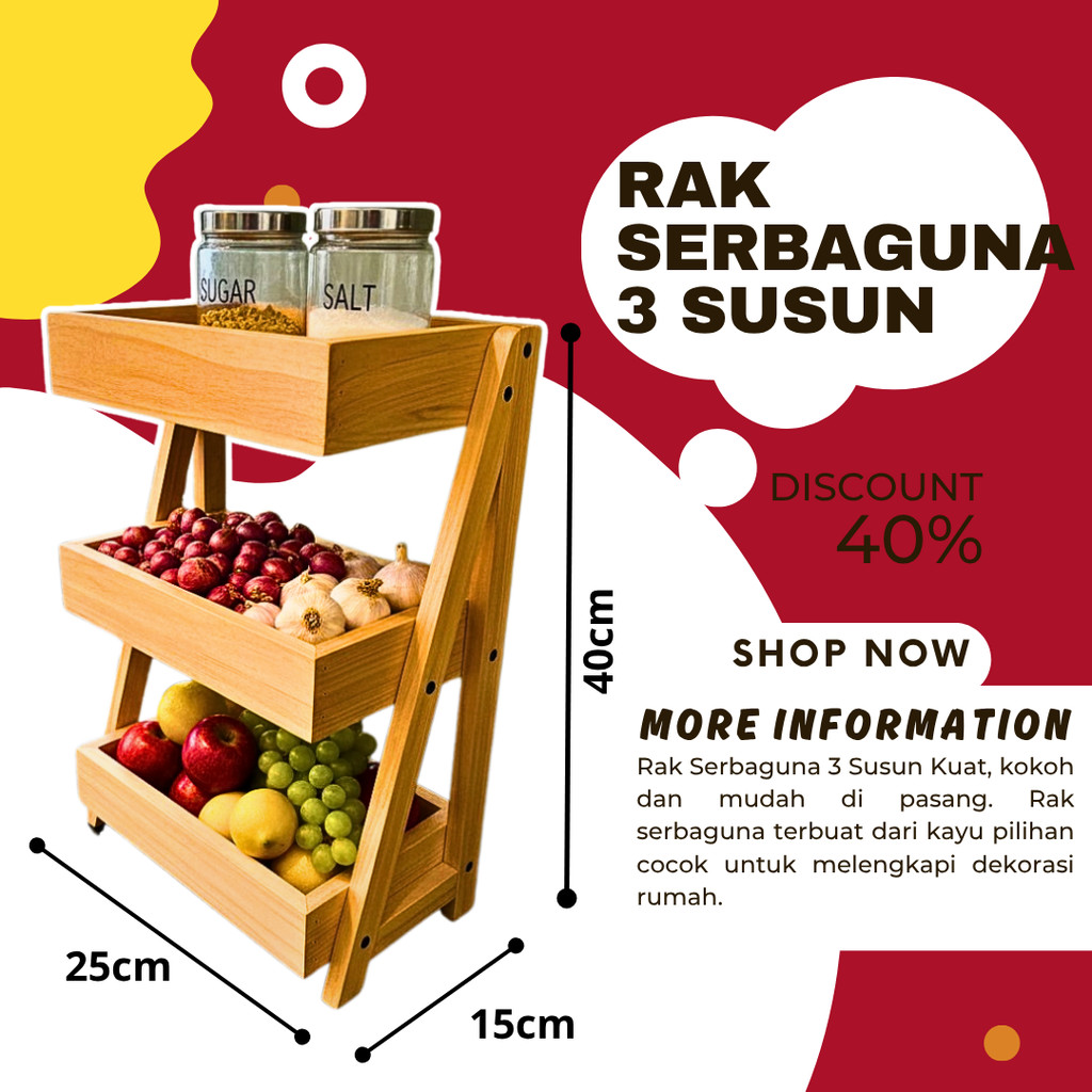 Rak Bawang Kayu 3 Susun / Rak Bumbu Serbaguna
