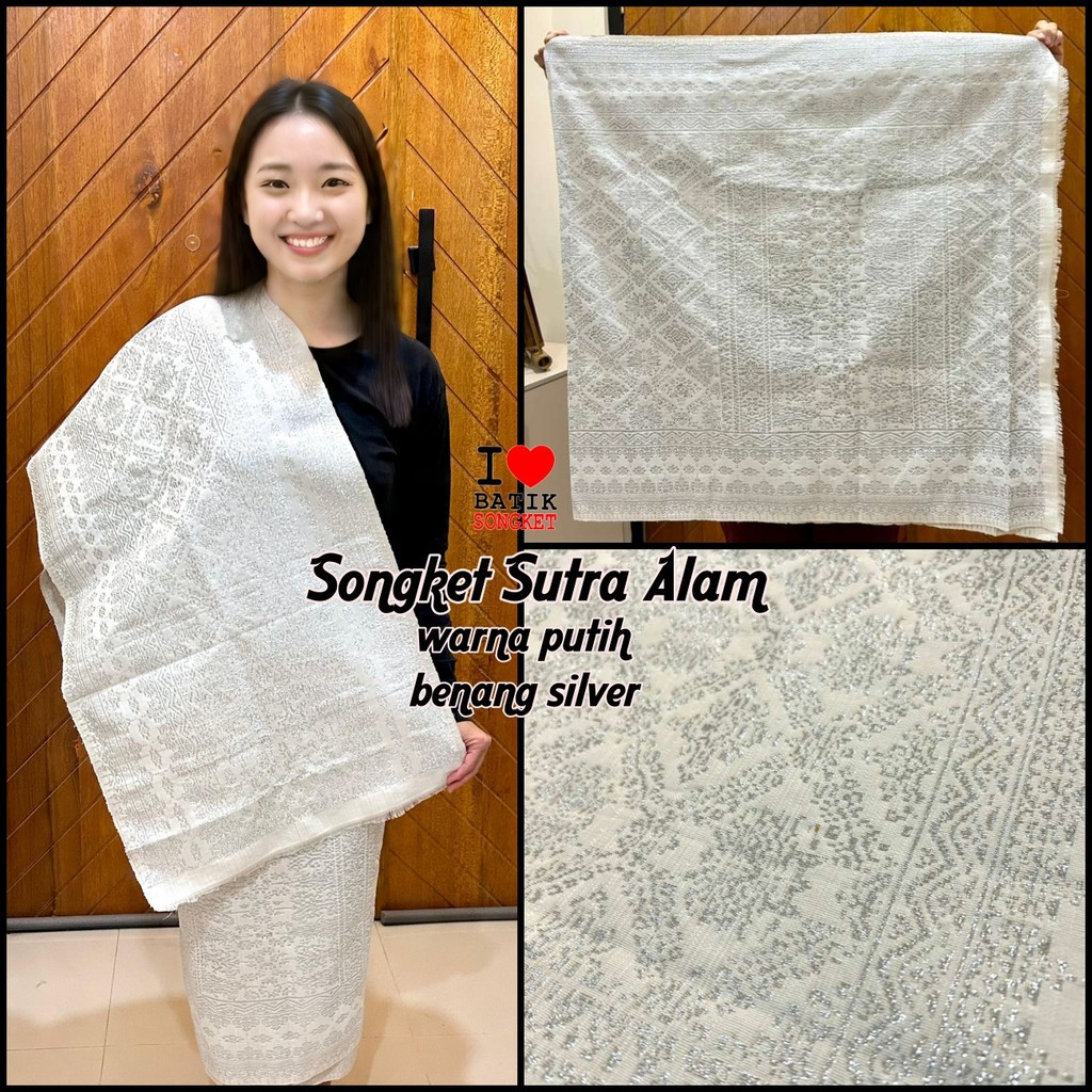SONGKET BENANG SILVER MOTIF 2 SUTRA ALAM TENUN PALEMBANG MEDAN MINANG LEPUS PUTIH KREM