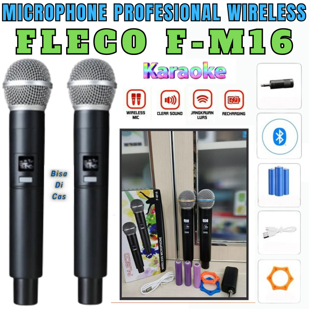 Terlaris Fleco F-M16 Wireless Microphone Rechargeable Uhf Dual Karaoke Mic With Receiver System | Do
