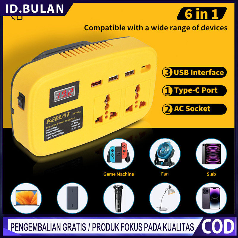 [KEELAT KPPI02] Super Power DIY Inverter Charger Portabel 6in1 21V to 220V 150W-3 USB Baterai Makita
