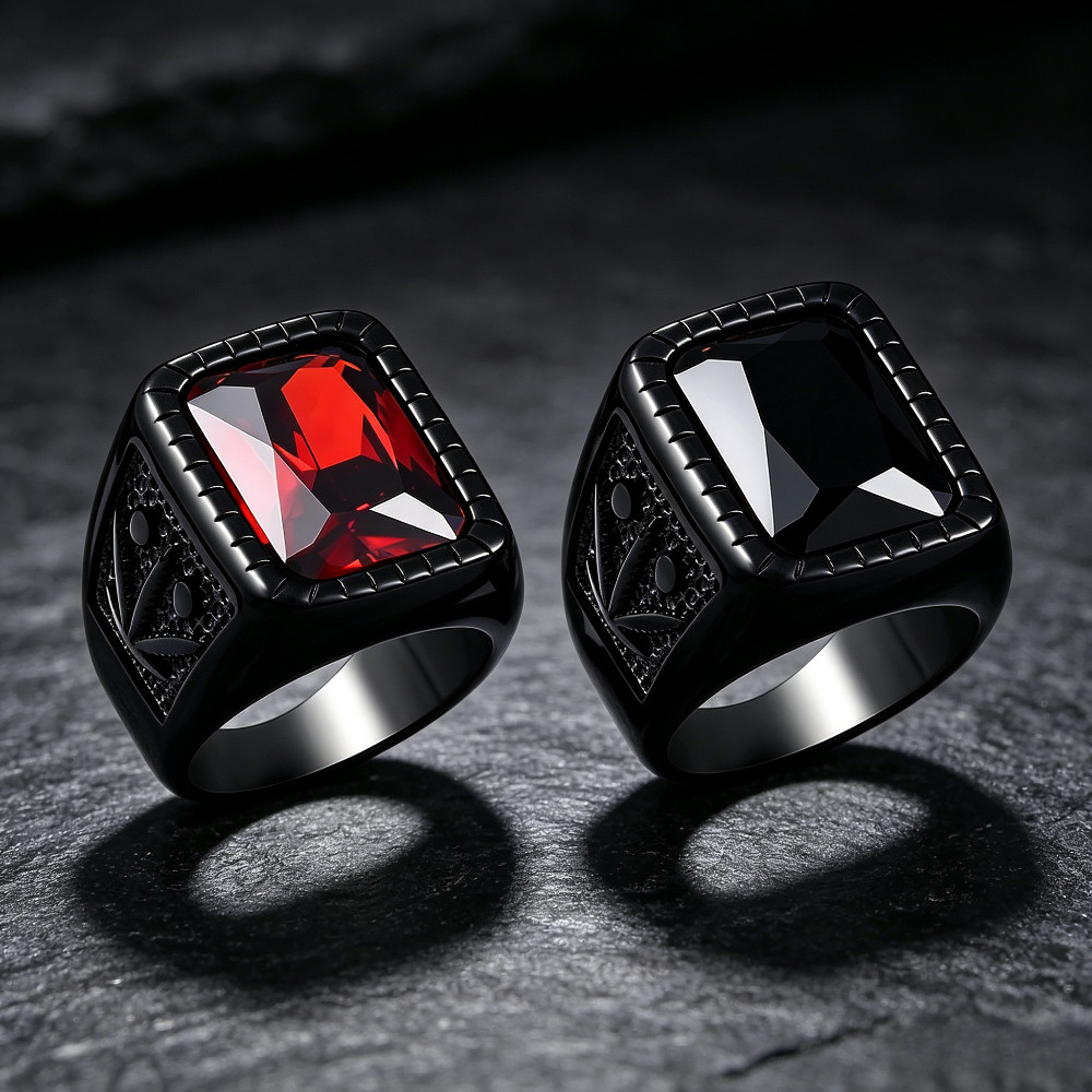 Cincin Pria Hitam Batu Zirkon Merah Hitam Model Kotak Ukir Motif Daun Gaya Punk Gothic Aksesoris Pri