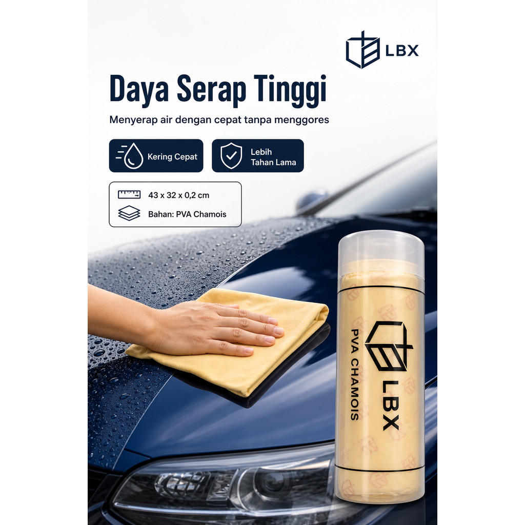 LBX Kain Lap Chamois PVA Premium Kanebo jumbo Besar Berserat Dengan Free Tabung Bening Penyimpanan Kaca Body Mobil Motor Dapur Meja Kantor Handuk Perabotan Rumah Tangga Ukuran 43 x 32 CM 43X32x0.2CM Tebal 2MM Daya Serap Tinggi Original LBX embos Kuning