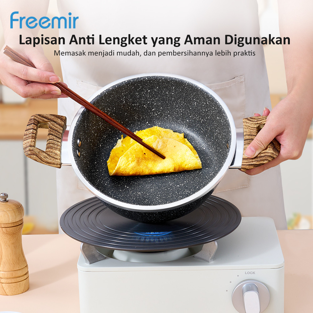 Special freemir Wajan Panci Granit Black Granit 20cm Anti Lengket Serbaguna Pegangan Kayu Anti Rayap