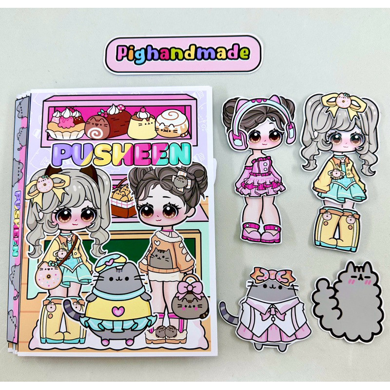 Sudah dilaminasi Pusheen Cat house peel-and-stick toy - Gacha paper doll Doll House