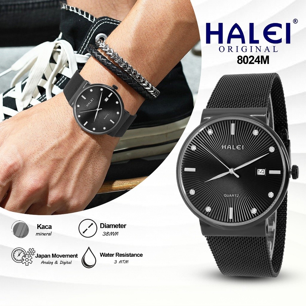 HALEI IND 8024 M - Bergaransi Jam Tangan Pria Halei Original Analog Fashion Rantai Pasir Stainless T