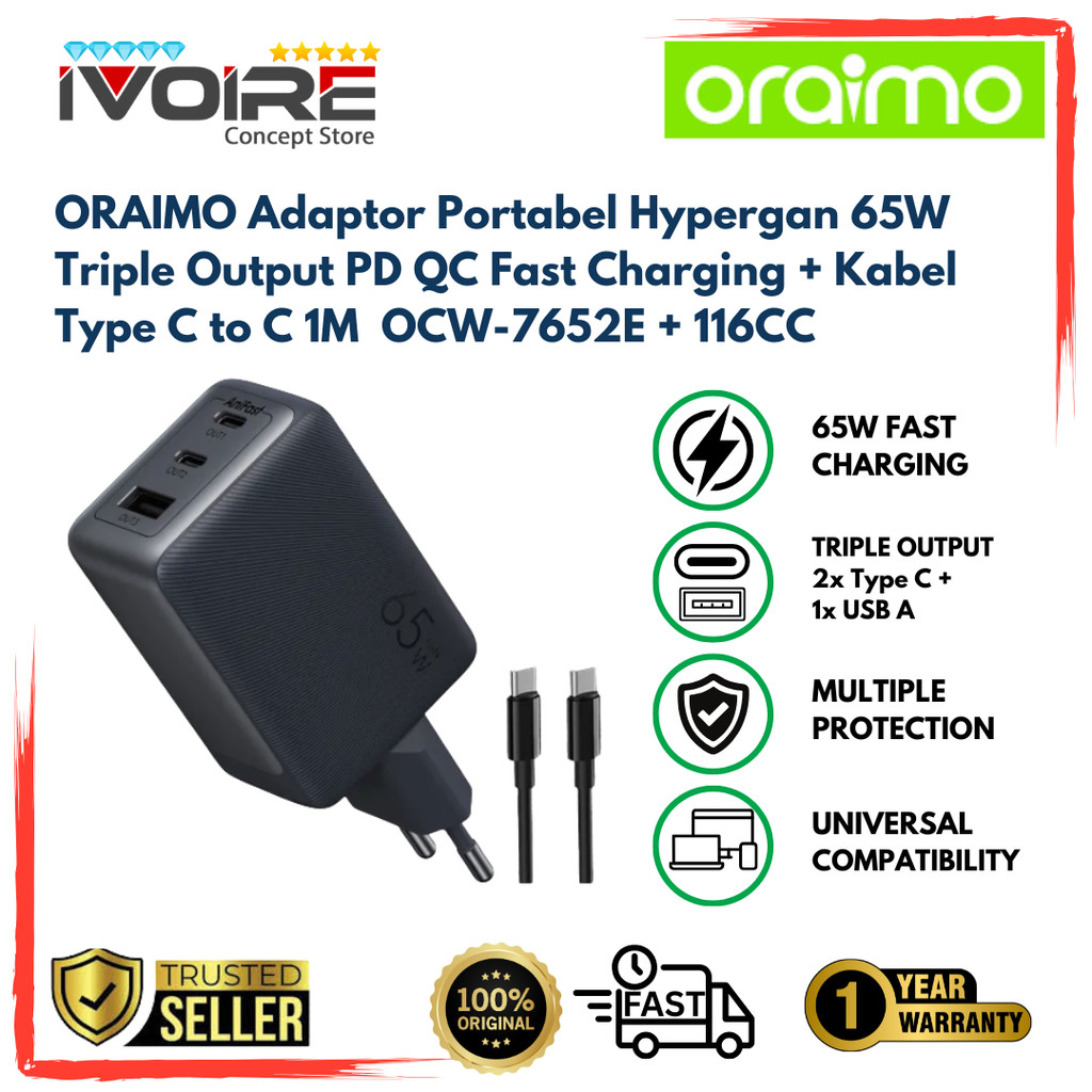 ORAIMO Adaptor Portabel Hypergan 65W Triple Output PD QC Fast Charging + Kabel Type C to C 1M  OCW-7