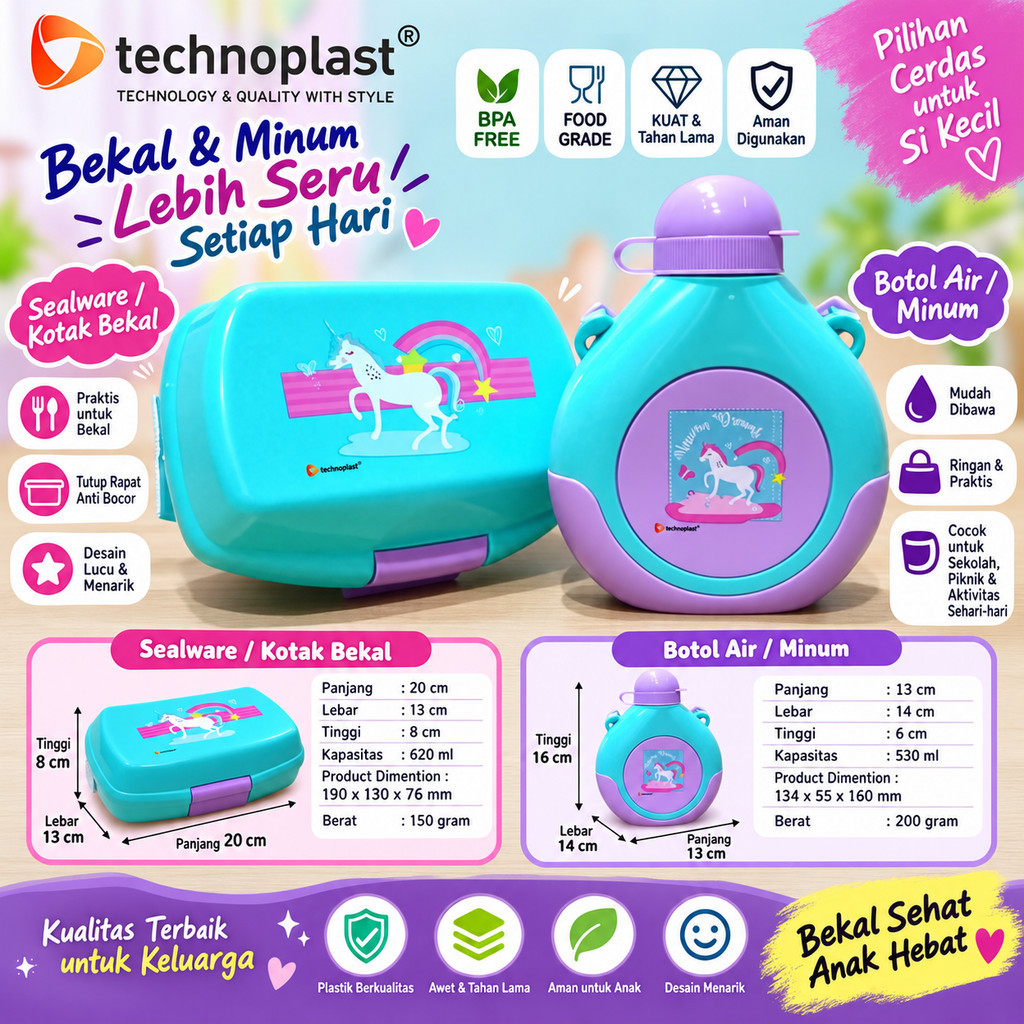 TECHNOPLAST Unicorn Dreams Kotak Bekal & Botol Minum BPA FREE