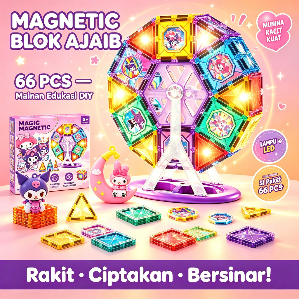 Magnetic Tiles 66 Pcs DIY 3D Magnet Tiles Mainan Balok Magnet Tile Edukasi