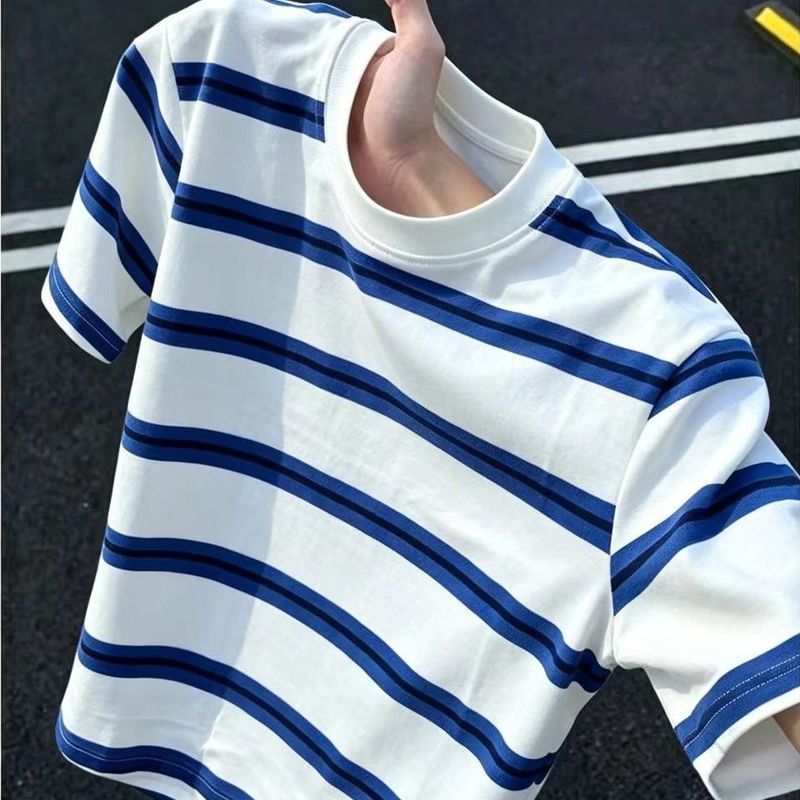 Kaos Pria Lengan Pendek Motif Garis Biru Putih, Model Longgar, Atasan Kasual