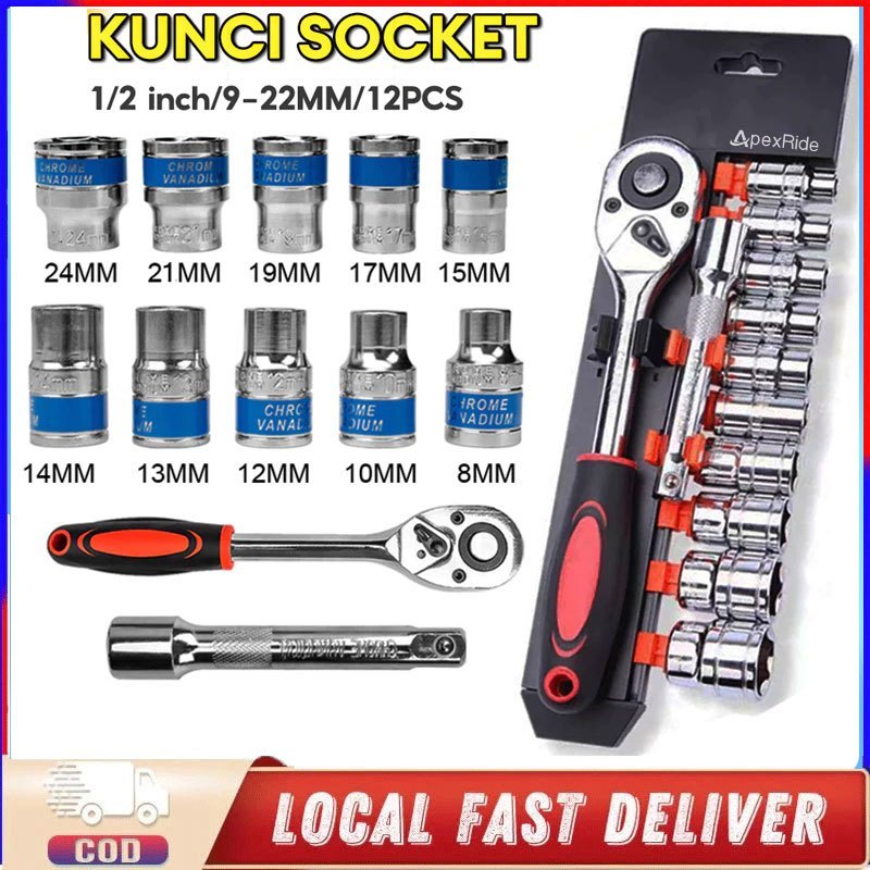 Kunci Socket 1/2inci Socket 12pcs/set Sok Wrench Rachet Alat Perkakas Lengkap Motor CR-V Socket Wren