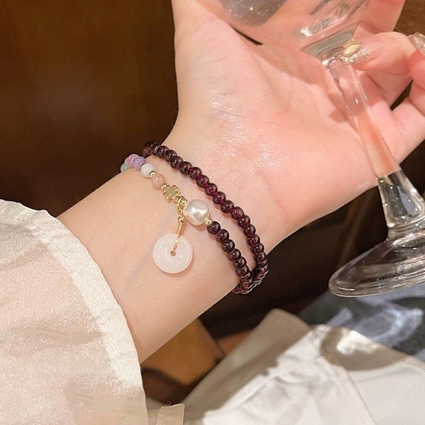 Hati Jewelry Gelang Manik Kristal Delima Merah Muda & Liontin Donat Giok Putih[COD]
