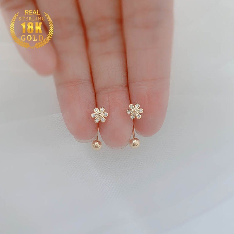 Anting-anting Sekrup Kelopak Berkilau Zircon Emas 18K Untuk Wanita Perhiasan Telinga Gantung Belakan