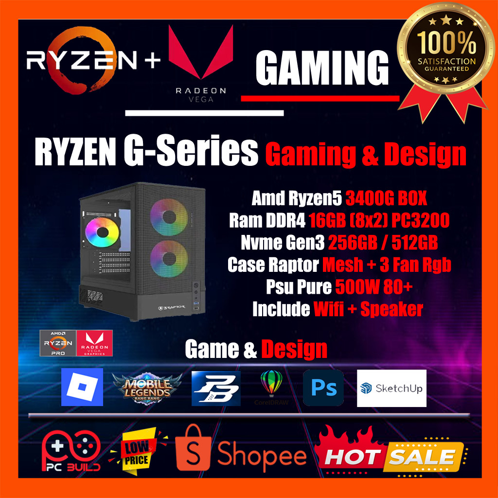 PC Design Gaming Amd Ryzen5 3400G Ram 16GB 8X2 Dual DDR4 Nvme 512GB Wifi Fullset