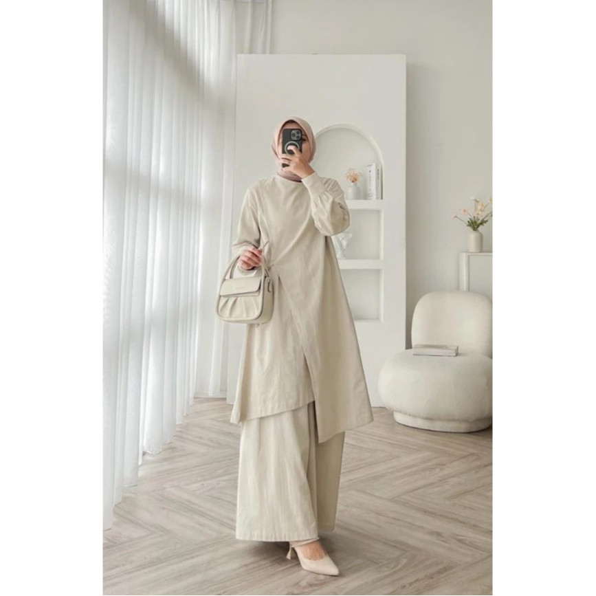 HUNTEDMANE Samira Set / One Set Wanita Hijab / Set Tunik Kekinian Katun Rami