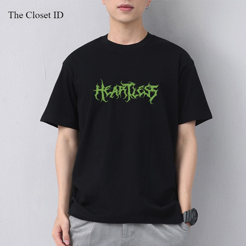 [Kaos Pria Premium]Kaos Hitam Teks Heartless Hijau Neon Grafis Pria Wanita Baju Atasan Streetwear Al