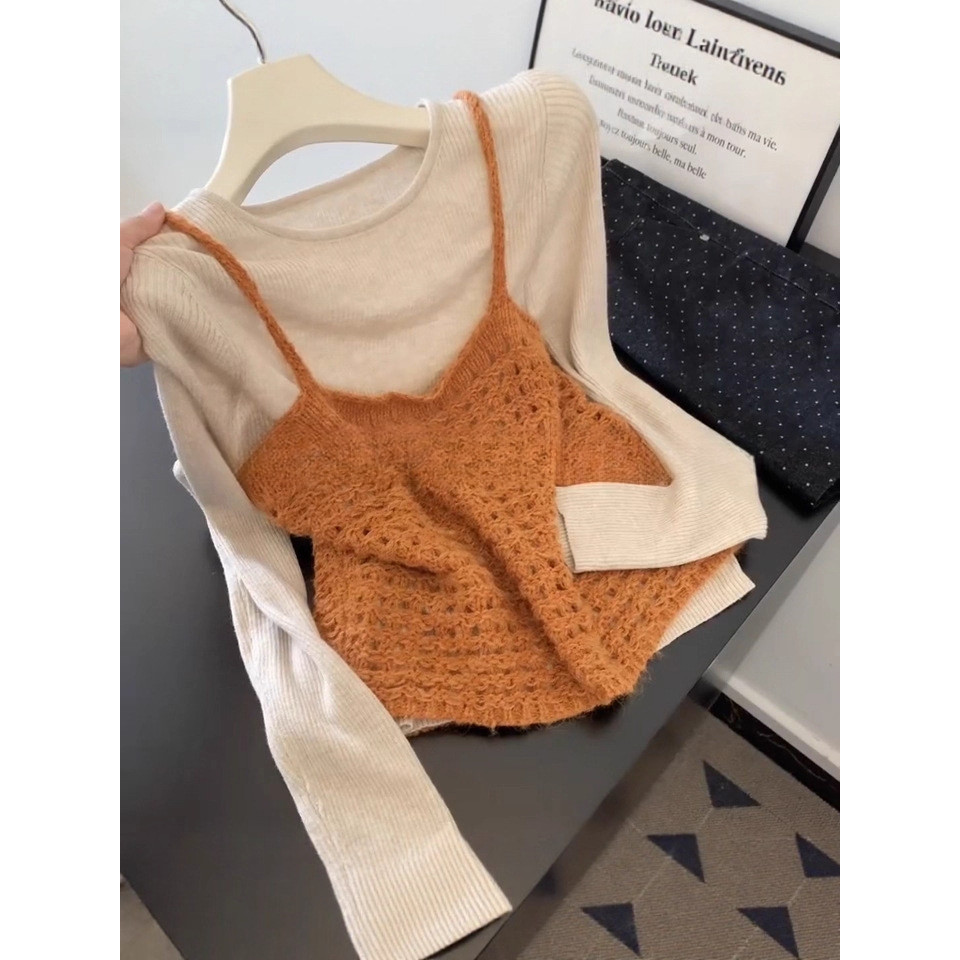Rompi Rajut Oranye Gaya Korea Wanita Musim Gugur Pakaian Dalam Modis Sweater Rajut Lengan Panjang