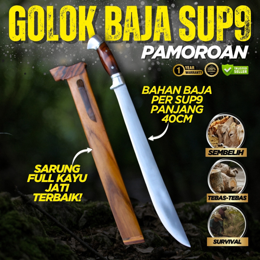 GOLOK KEBUN Baja PER SUP9 Pamoroan Jati 40 Cm | Perkakas Kebun Multifungsi Sembelih > GOLOK Baja Asl