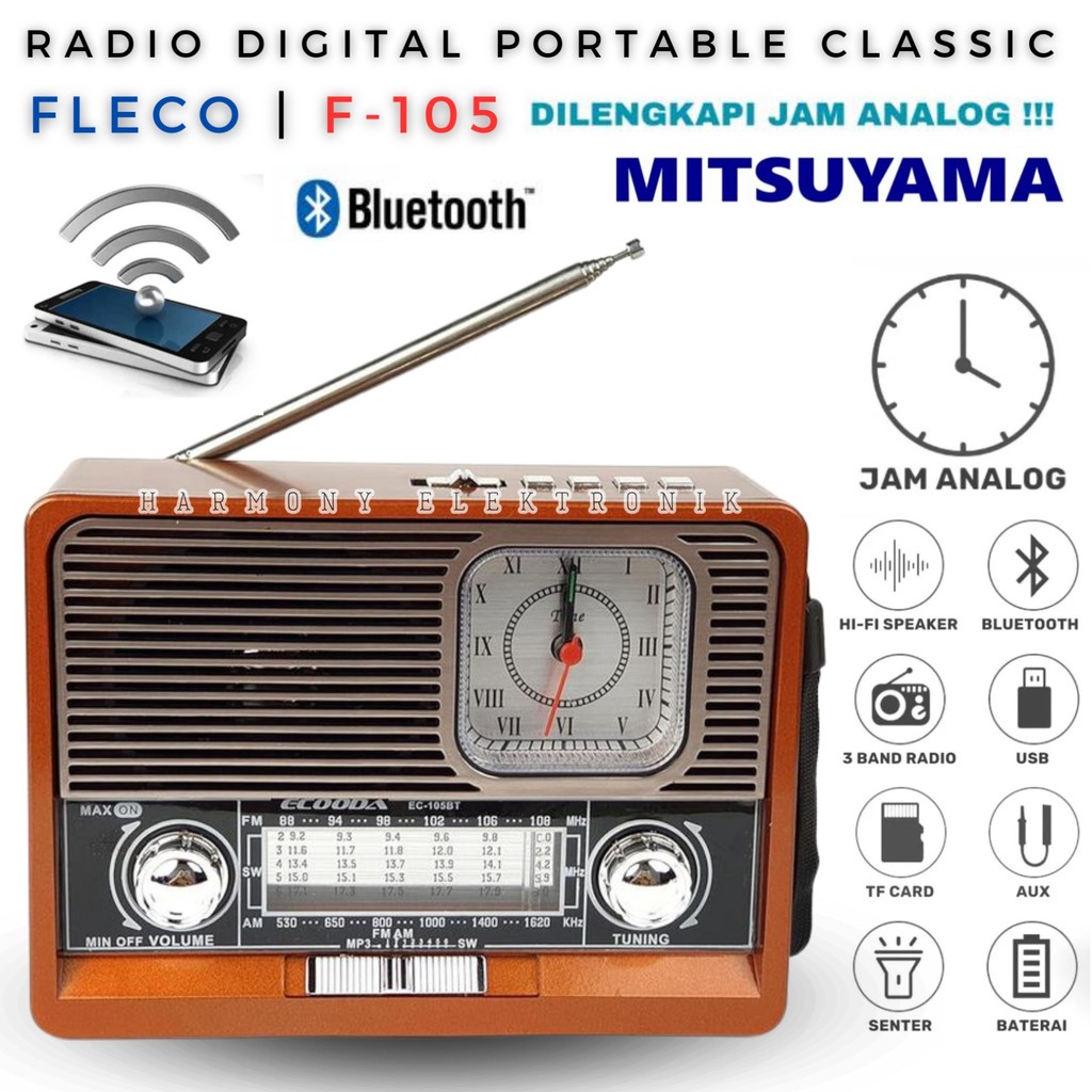 Terlaris Radio Bluetooth Speaker Digital Antik Senter Led Fleco F-105 Dengan Jam Analog | Radio Mult