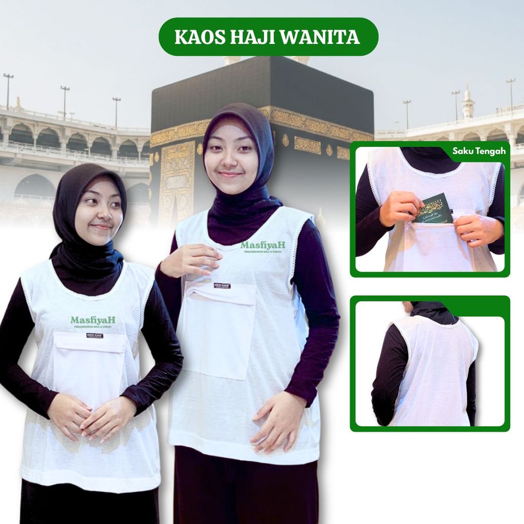 Diskon KAOS HAJI WANITA PUTIH KAOS SAKU DEPAN KAOS POLOS PUTIH TANPA LENGAN PERLENGKAPAN HAJI UMRAH 