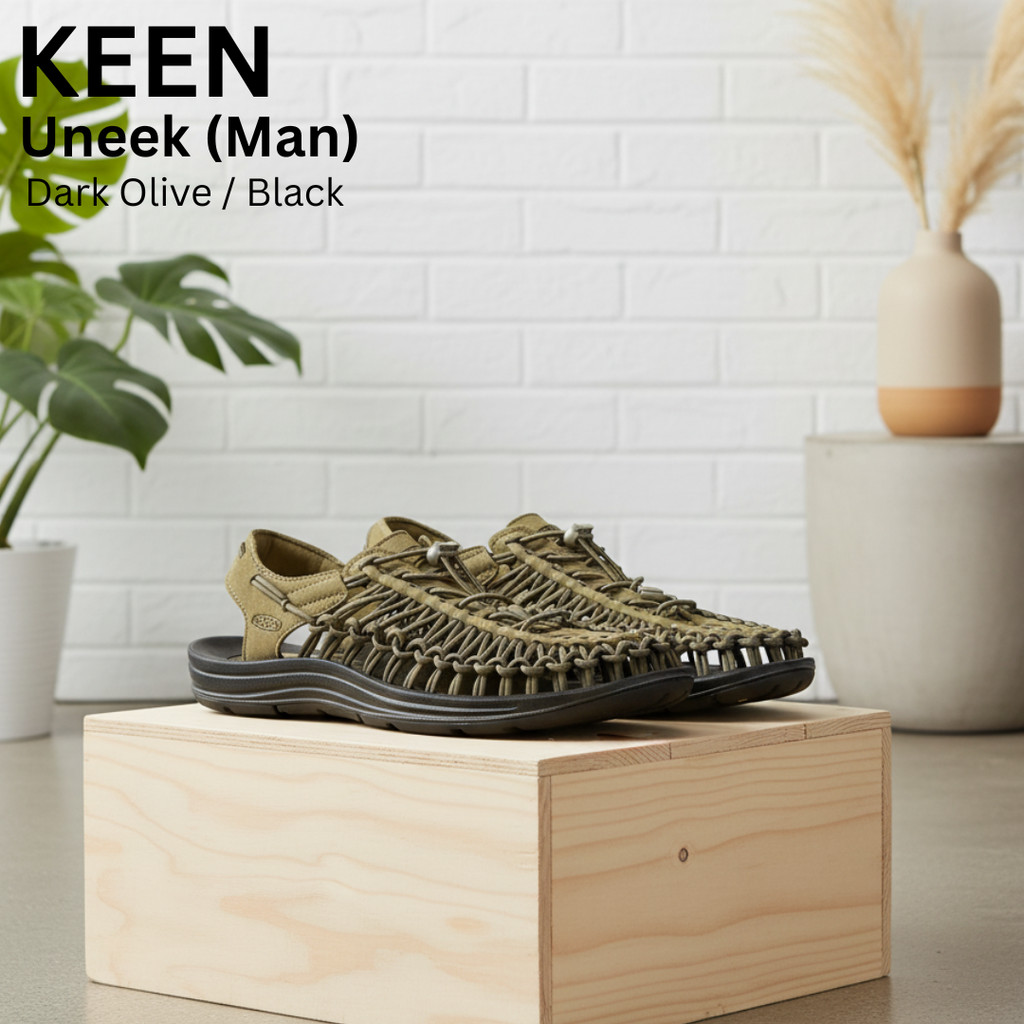 KEEN Uneek Men’s Sandals Dark Olive/Black – Sandal Anyaman Outdoor Casual