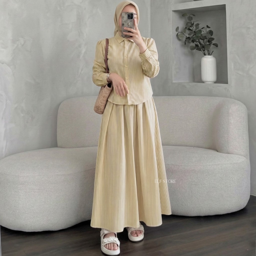 Setelan Wanita One Set Rok Kemeja Motif Salur Bahan Adem Elf Store